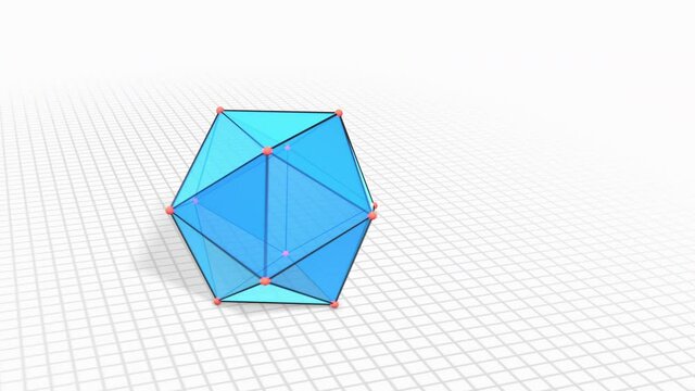 Icosahedron net folding into an regular icosahedron, showing the 20 faces with equilateral triangles, 30 edges, and 12 vertices. Platonic solids deltahedron, 3d animation on white squared paper.