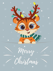Merry Christmas and Happy New Year greeting card. Cute tiger in deer horns, garlands and a scarf on a background of snowflakes. 2022 year of the tiger. Cartoon, flat style, vector