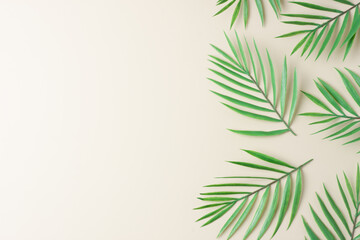 Cosmetic background with palm leaf on pastel beige. Flat lay, copy space