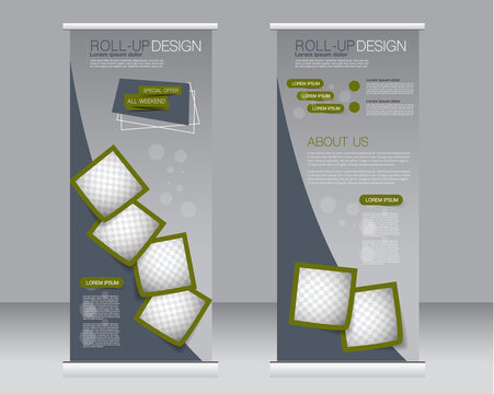 Roll Up Banner Stand Template. Abstract Background For Design,  Business, Education, Advertisement.  Green And Grey Color. Vector  Illustration.