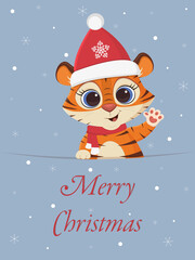 Merry Christmas and Happy New Year greeting card. Cute tiger in a Santa hat and a scarf on a background of snowflakes. Year of the tiger 2022. Cartoon, flat style, vector