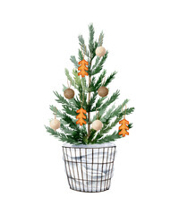 Watercolor Christmas tree in black wire basket  and decorated by wooden balls and dried oranges. Holiday clipart in boho style for invitations, greeting cards. Scandinavian Christmas.