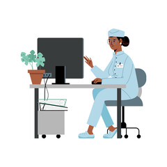 Obraz premium Doctor or nurse in uniform at workplace works on computer in flat vector