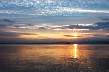 Sunset landscape at North Bay in Florianopolis, Brazil.