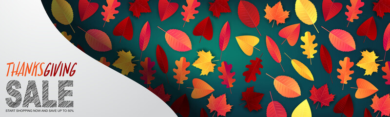 Obraz na płótnie Canvas Thanksgiving sale banner, website header or newsletter cover. Red and orange fall leaves realistic vector illustration with lettering.