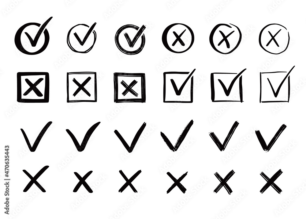 Poster Check and cross mark set. Hand drawn doodle sketch style. Vote, yes, no drawn concept. Checkbox, cross mark with box, circle element. Vector illustration.