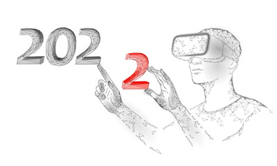 2022 New Year 3D virtual reality. Gamer team championship celebration annual decoration steel greeting card vector illustration