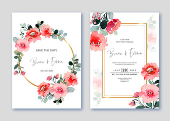 Set wedding invitation template with pink rose flower watercolor