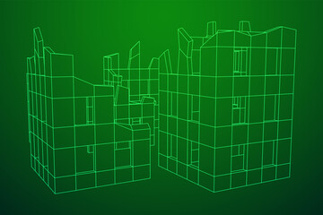 Destroyed building ruin and concrete, war destruction concept. Wireframe low poly mesh vector illustration.