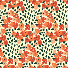 Seamless pattern with small red flowers and dark leaves on a white background. Modern floral print. Vector design for fabric, paper and other surfaces.