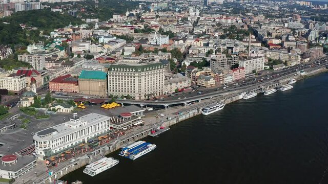 Top view of Podol. Many buildings and churches.