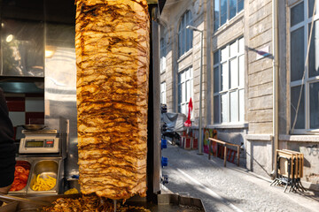 Kebab meat on rotary grill - Turkish doner chicken kebab stand in Istanbul, Turkey