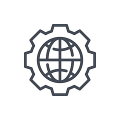 Gear global line icon. Cogwheel with planet vector outline sign.