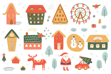 Obraz na płótnie Canvas Christmas houses set. Set of isolated decorated buildings for New year and Christmas. Winter houses, Santa, deer, snowman, car. Winter holidays isolated graphic elements. Vector illustration.