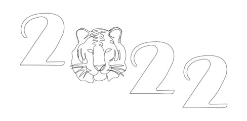 Happy new 2022 year greetings card with tiger head one line art. Continuous line drawing of new year holidays, chinese new year, symbol of the year, tiger, tiger roar.