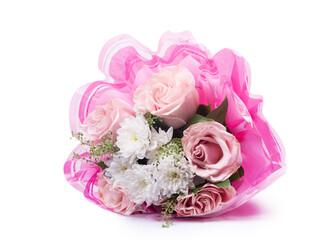 Pink bouquet of roses and other flowers isolated