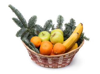 Basket with fruits and fir branches