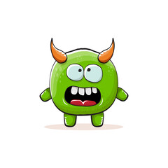Fototapeta premium Vector cartoon funky green monster with horn isolated on white background. Smiling silly green monster print sticker design template. Ghost, troll, gremlin, goblin, devil and monster