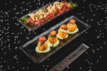 Perfect Sushi Japanese Asian Seafood Food Dish Drink Cocktail Dessert Menu Gourmet Restaurant Chef on Dark Background