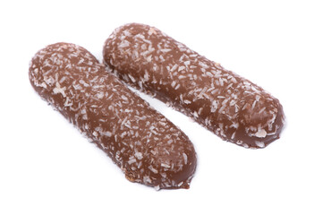 Group of long chocolate bars with coconut powder