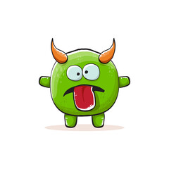 Vector cartoon funky green monster with horn isolated on white background. Smiling silly green monster print sticker design template. Ghost, troll, gremlin, goblin, devil and monster