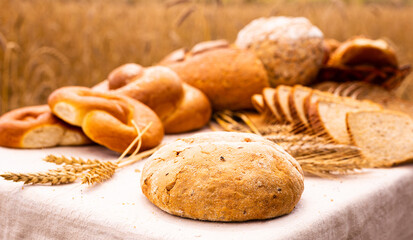 lot of different flavored bread, wheat, rye, on the table in the field outside