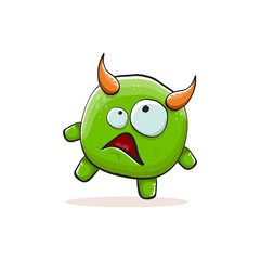 Vector cartoon funky green monster with horn isolated on white background. Smiling silly green monster print sticker design template. Ghost, troll, gremlin, goblin, devil and monster