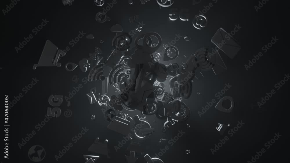 Poster flying internet icons in random motion on dark environment with volumetric back lighting.