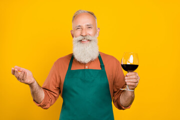 Photo of mature man hold wine glass hospitality service staff cafe owner isolated over yellow color background