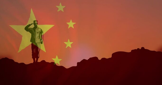 Animation of flag of china over silhouette of soldiers