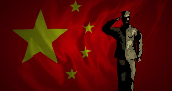 Animation of flag of china over silhouette of soldiers