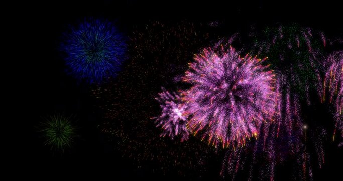 Animation of colourful christmas and new year fireworks exploding in night sky