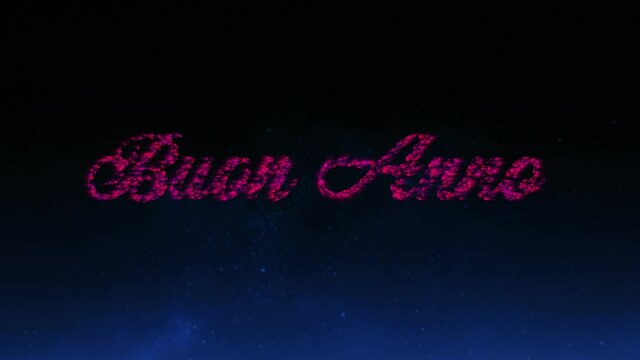 Animation of buon annee text in pink with new year fireworks in night sky