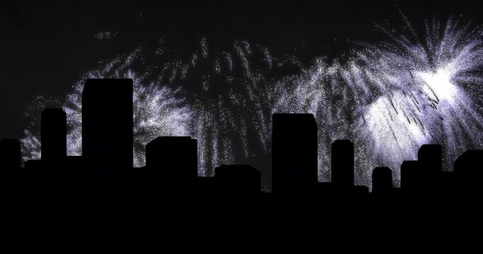 Animation of white christmas and new year fireworks in night sky over cityscape
