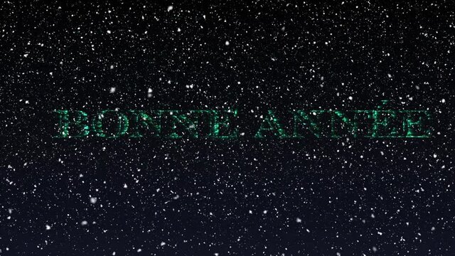 Animation of bonne annee text in blue with new year snow falling in night sky