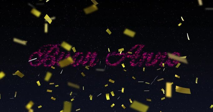 Animation of buon annee text in pink with pink new year fireworks and gold confetti in night sky