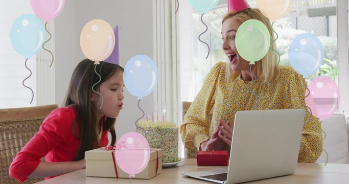 Animation of balloons over happy mother and daughter with cake making birthday laptop video call