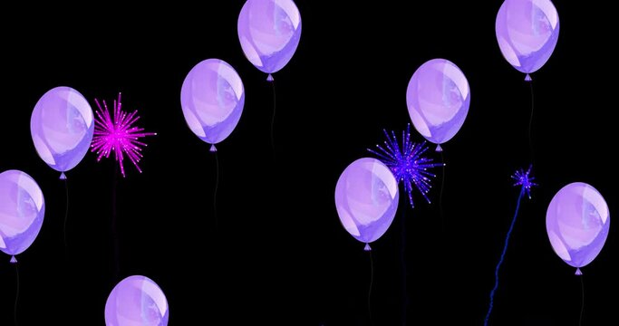 Animation of lilac balloons with pink and purple christmas and new year fireworks in night sky