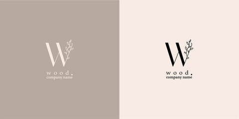 Delicate, natural logos - the letter "W" and a branch of a plant with leaves. Linear illustration, for womens business. Logo for a wood accessories store. Health and beauty. Salon name - Wood