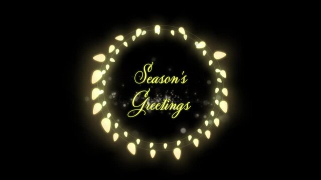 Animation of season's greetings text with christmas lights and fireworks exploding in night sky