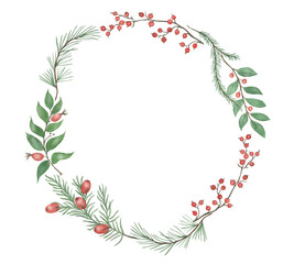 Watercolor painting wreath with fir cedar spruce tree branches, red berry