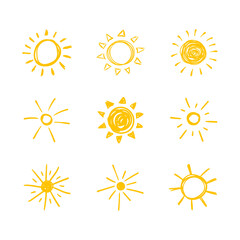 hand drawn doodle suns, bright yellow sun isolated on white background.
