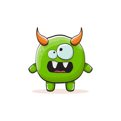 Vector cartoon funky green monster with horn isolated on white background. Smiling silly green monster print sticker design template. Ghost, troll, gremlin, goblin, devil and monster