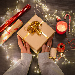 Christmas gift. gift box,zero waste, eco friendly hand made box packaging gifts in kraft paper table, eco christmas holiday concept, Christmas gift wrapping,eco decor banner