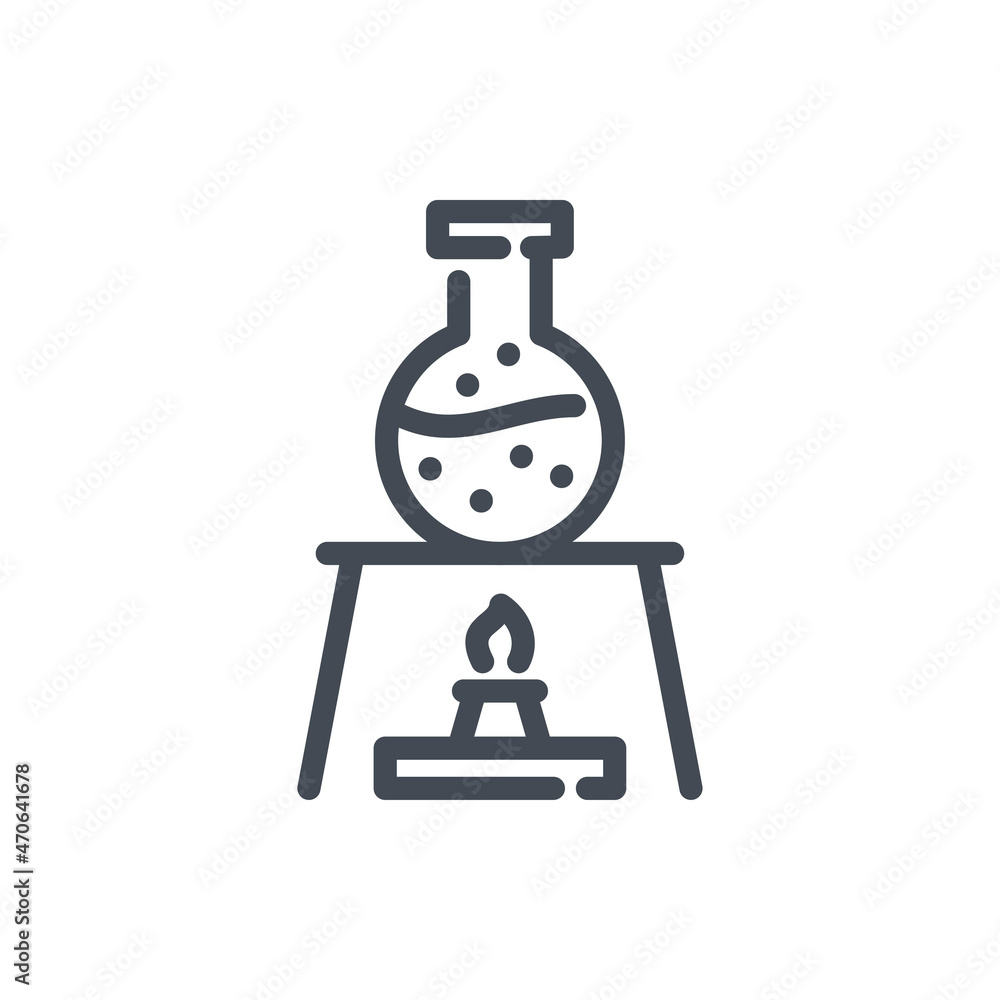 Poster heating of round bottom flask with liquid line icon. laboratory experiment with flask and flame vect
