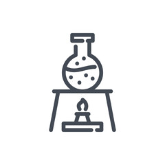 Heating of round bottom flask with liquid line icon. Laboratory experiment with flask and flame vector outline sign.