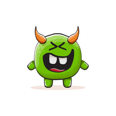 Fototapeta premium Vector cartoon funky green monster with horn isolated on white background. Smiling silly green monster print sticker design template. Ghost, troll, gremlin, goblin, devil and monster