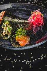 Naklejka na ściany i meble Perfect Sushi Japanese Asian Seafood Food Dish Drink Cocktail Dessert Menu Gourmet Restaurant Chef on Dark Background