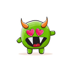 Fototapeta premium Vector cartoon funky green monster with horn isolated on white background. Smiling silly green monster print sticker design template. Ghost, troll, gremlin, goblin, devil and monster