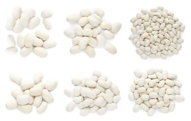 Set with uncooked beans on white background, top view